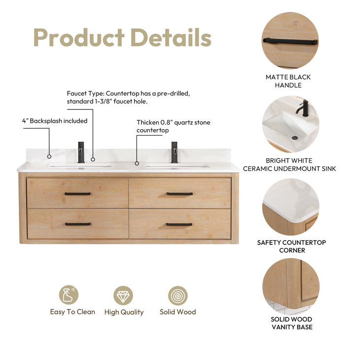 Ebern Designs Zytavious 60'' Wall Mounted Double Bathroom Vanity with Quartz Top with Mirror ...